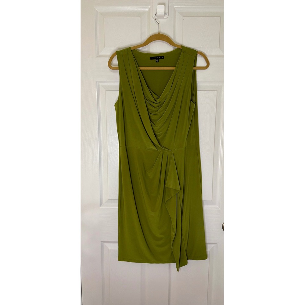 Tiana B. Sheath Dress Women Large Olive Green Draped Cowl‎ Neck Ruffle